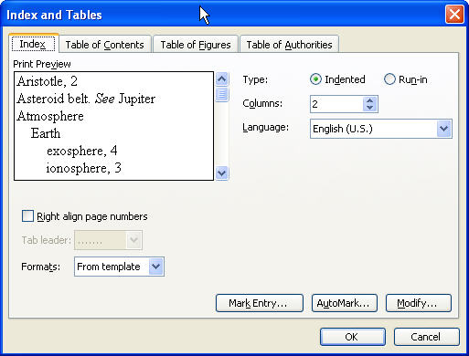 create table of contents in word 2003