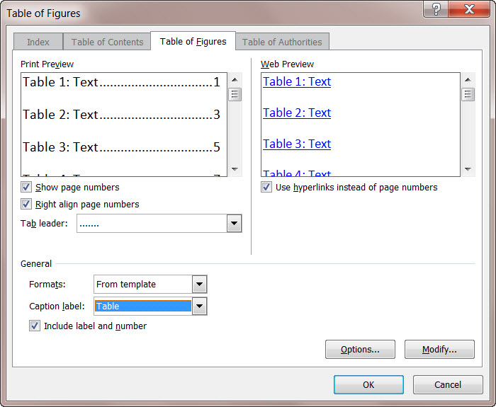 MS Word 2010 Table of Figures Dialog Box 2