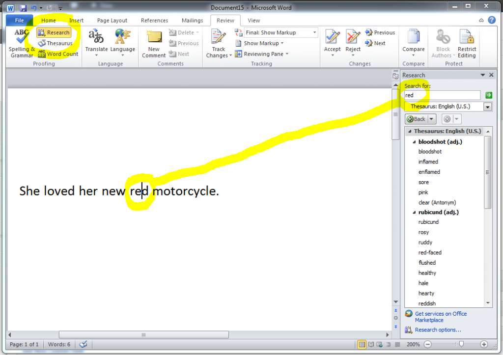 how to use the thesaurus in word 2013