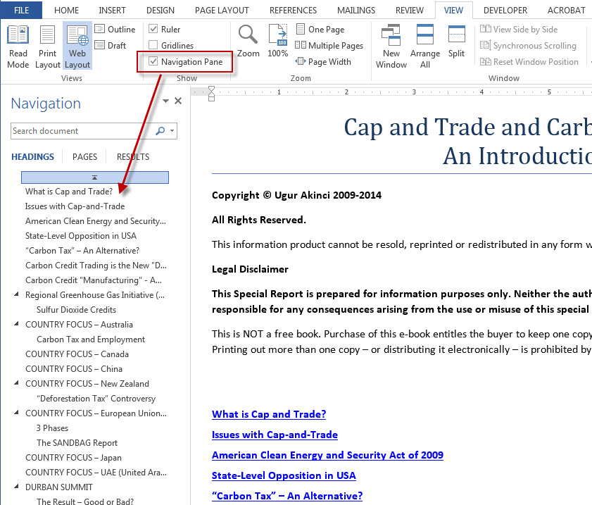 view style pane in word